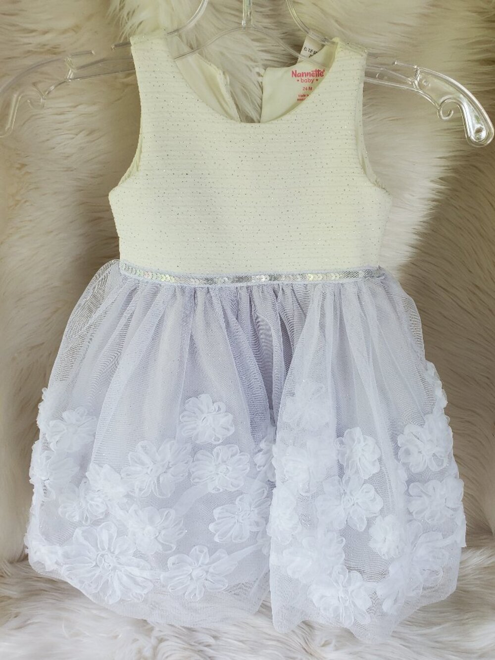 Nannette Baby Girls Ivory/Cream Sequin Floral Dress SZ 24 M